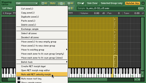 The mapping editor, with the edit menu expanded. The mouse cursor is hovering over the Auto add AET velocity morph entry.