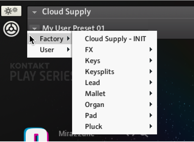 The Factory submenu expanded, displaying snapshot categories.