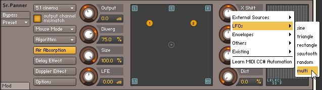 The Surround Panner interface with the internal modulation source menu expanded. The LFO entry is selected and the mouse cursor hovers over the multi shape.